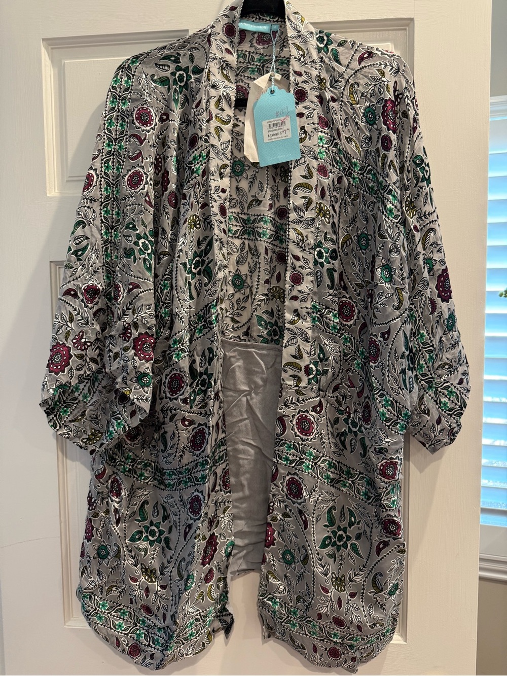 Embellished Floral Open-Front Coverup-Jacket in Silver w/Burgandy floral boho